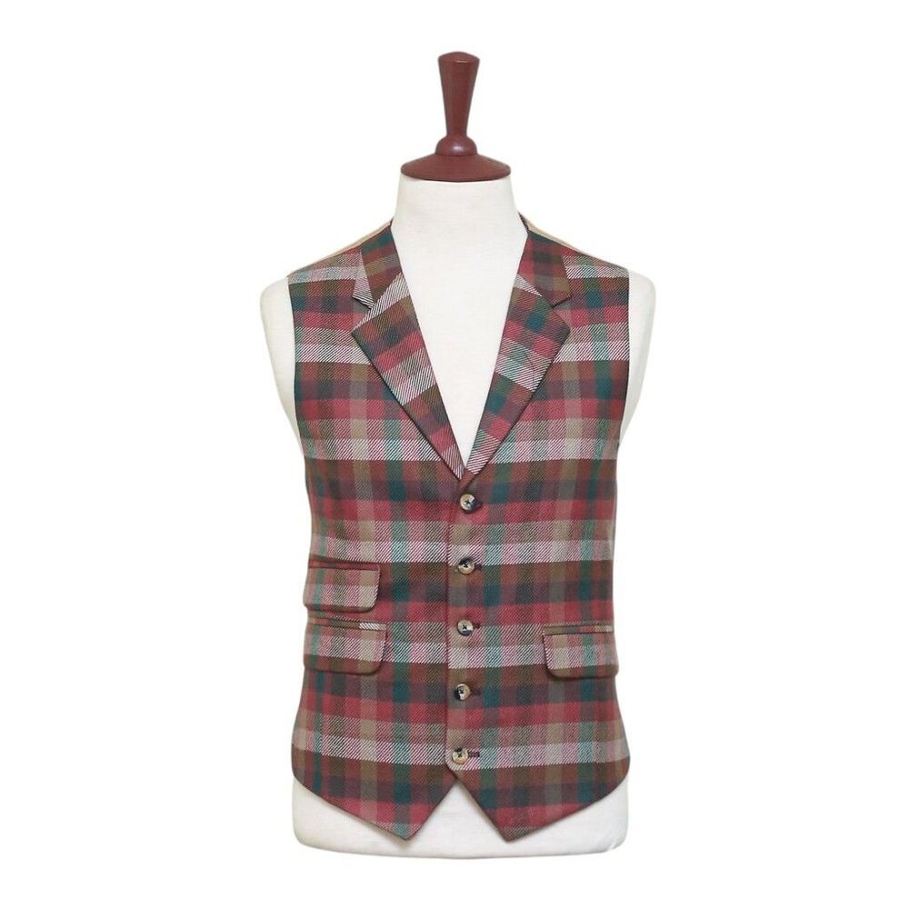Mens Plaid Vest 44R Red Green Brown Wool Waistcoat XL Western Casual Wedding